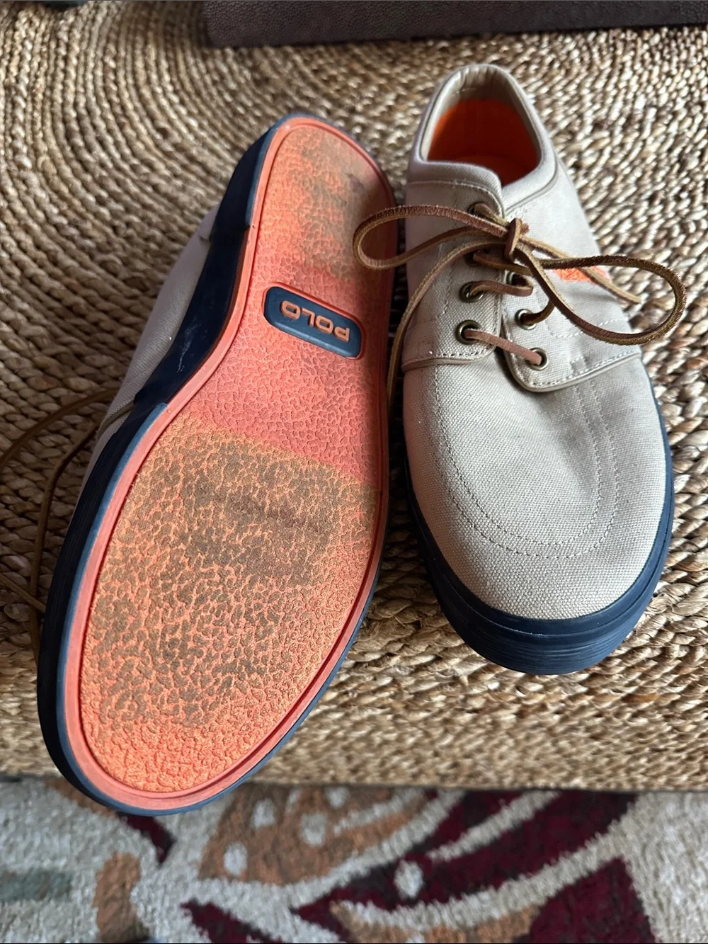 Polo by Ralph Lauren Men’s Beige Canvas Boat Shoes with Orange Logo size 10.5
